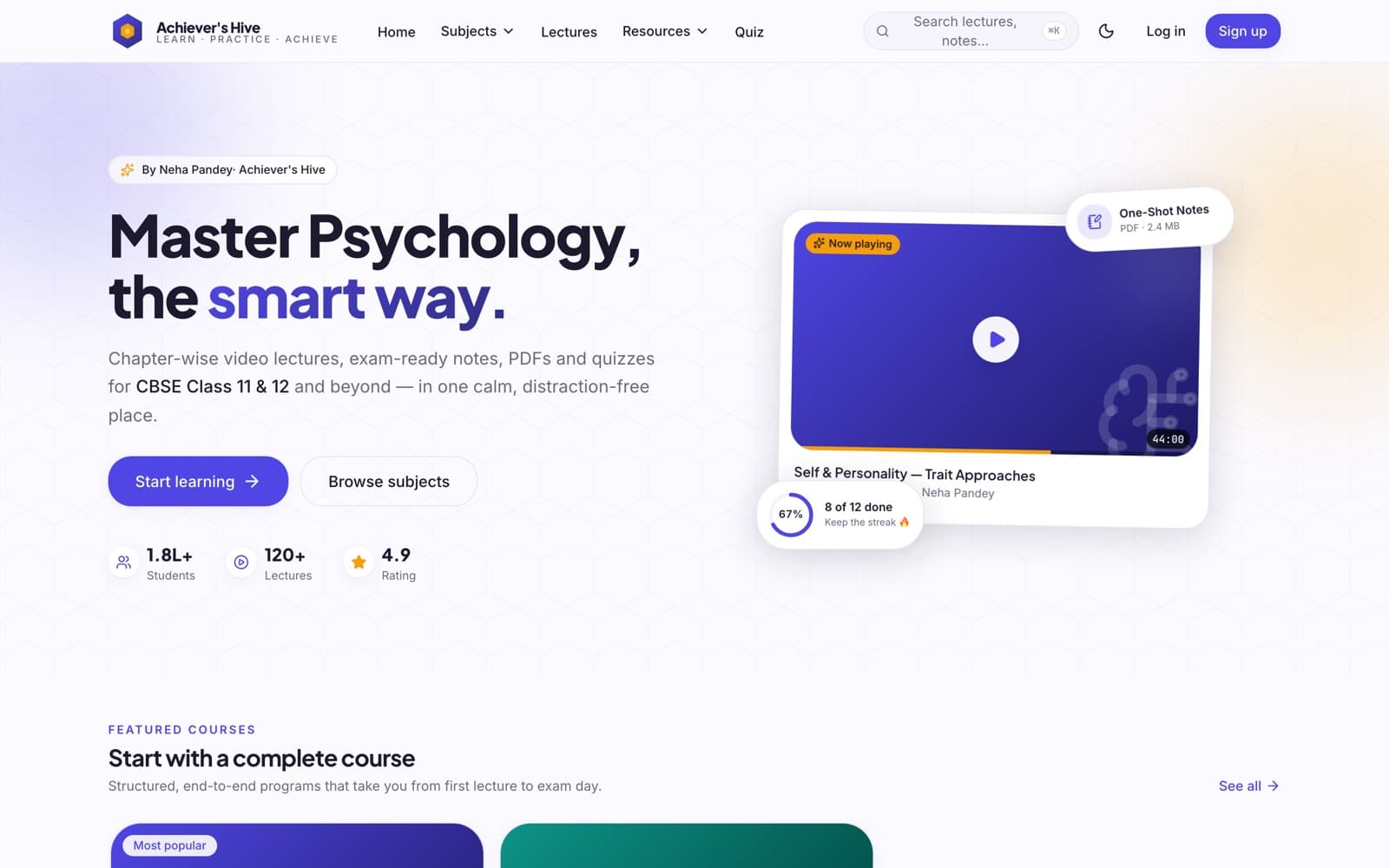 Achiever's Hive homepage — 'Master Psychology, the smart way' — an e-learning platform for CBSE Class 11 and 12 Psychology