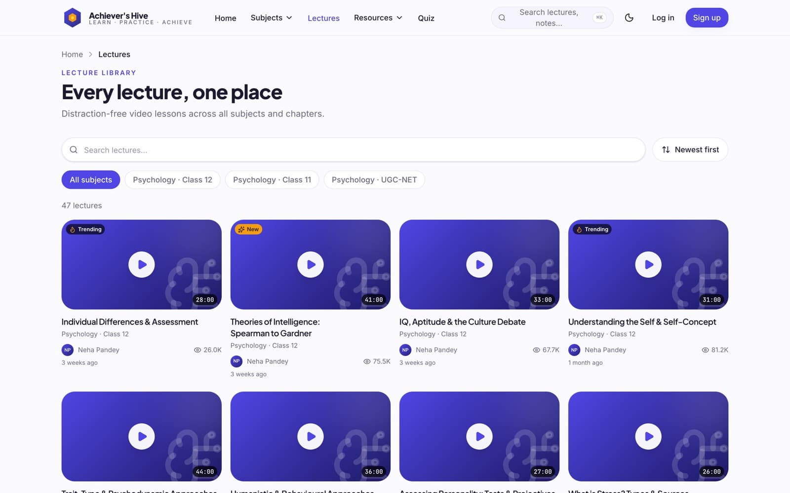 Achiever's Hive lectures library with chapter-wise video lessons and notes