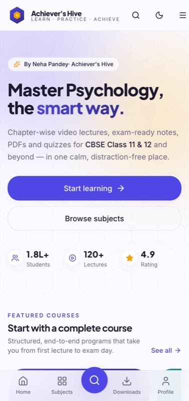 Achiever's Hive Psychology learning platform on a mobile phone