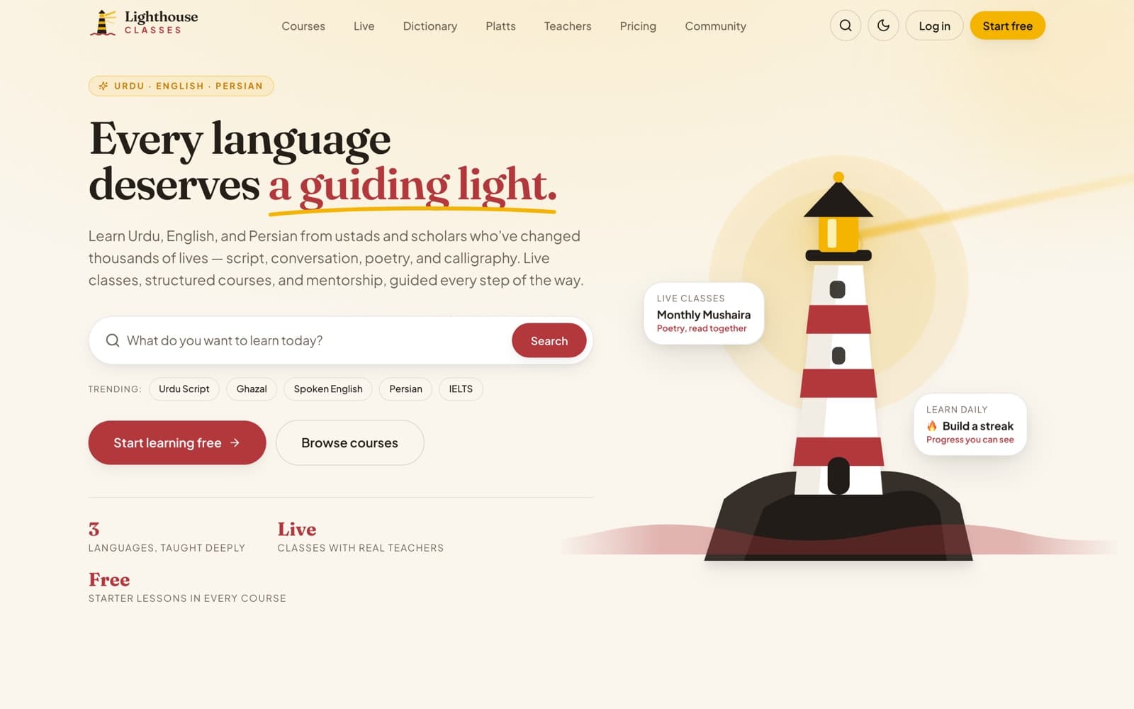 Lighthouse Classes homepage — an online platform to learn Urdu, English and Persian, with the headline 'Every language deserves a guiding light'