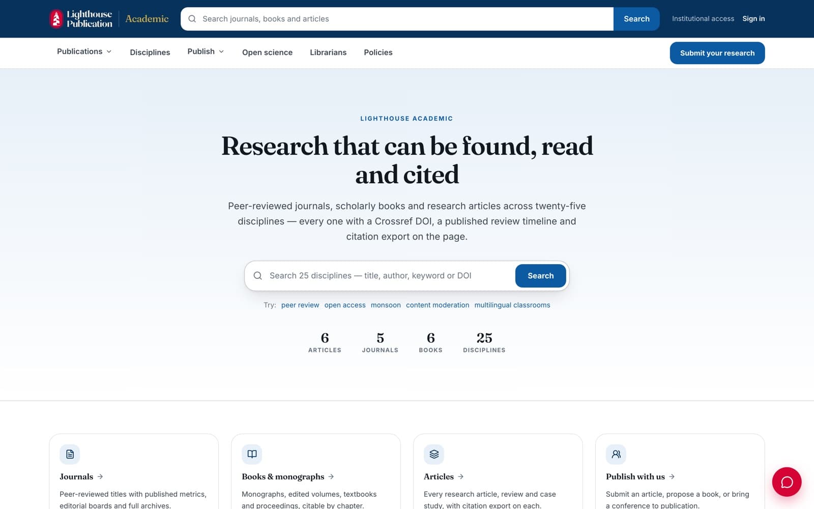 Lighthouse Academic research platform: 'Research that can be found, read and cited', with search across journals, books and articles in 25 disciplines and a 'Submit your research' button