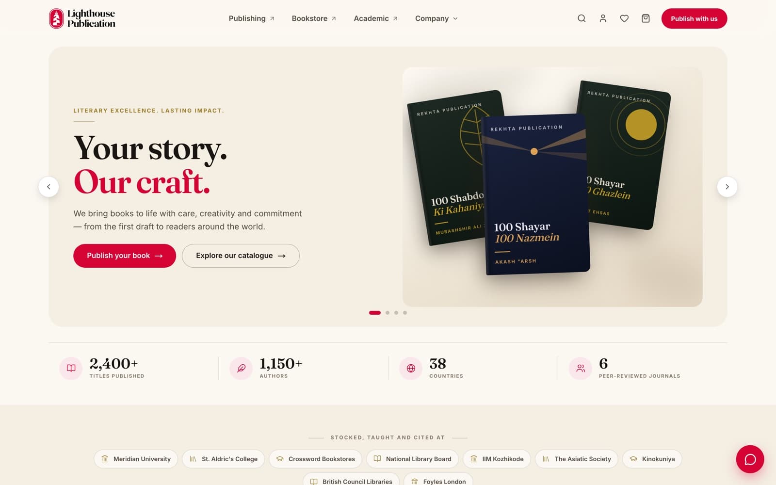 Lighthouse Publication homepage: the headline 'Your story. Our craft.' beside three book jackets, above figures for titles, authors, countries and peer-reviewed journals