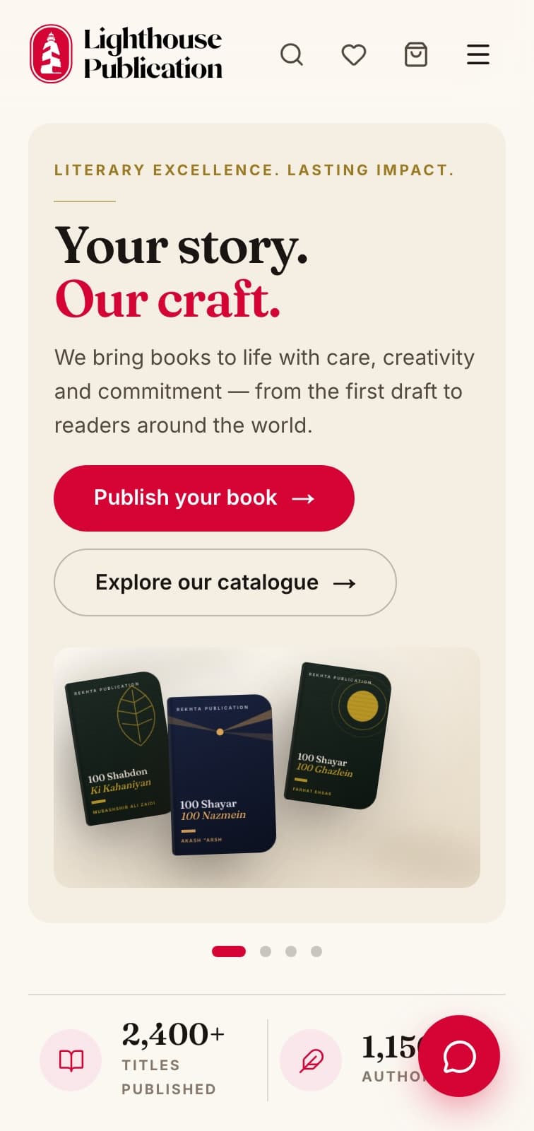 Lighthouse Publication homepage on a mobile phone, with 'Publish your book' and 'Explore our catalogue' buttons above a carousel of book jackets