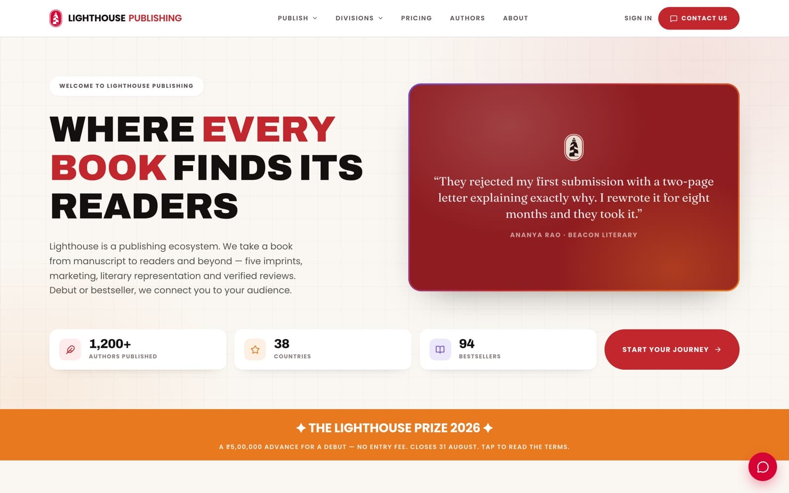Lighthouse Publishing division homepage: 'Where every book finds its readers', with an author testimonial, publishing figures and the Lighthouse Prize 2026 banner