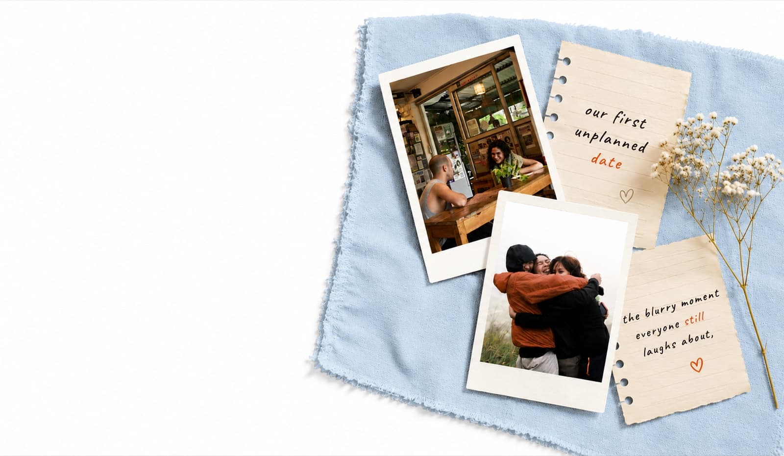 Trinket hero — polaroid-style photo prints and handwritten notes on a soft blue cloth, from a personalised-memory keepsake brand