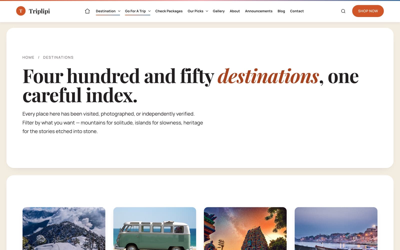 Triplipi destinations index — 'Four hundred and fifty destinations, one careful index' — a curated, filterable travel directory