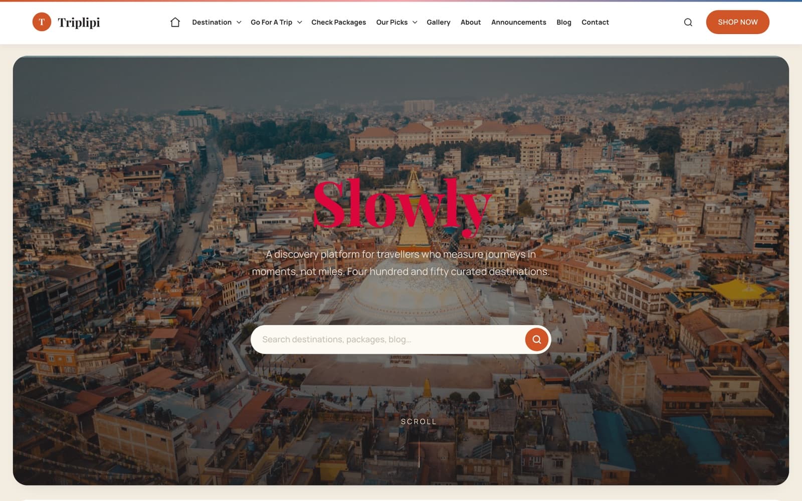 Triplipi travel-discovery platform homepage with the word 'Slowly' over an aerial photo of a destination and a search bar