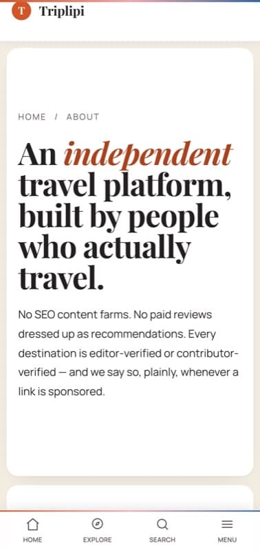 The Triplipi about page on a mobile phone
