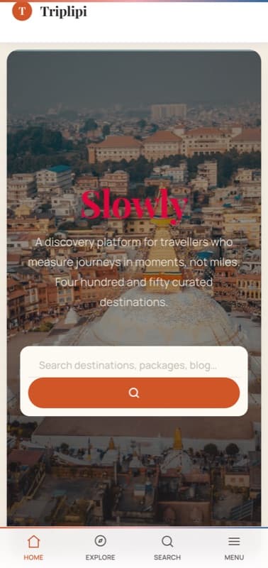 Triplipi travel platform homepage on a mobile phone