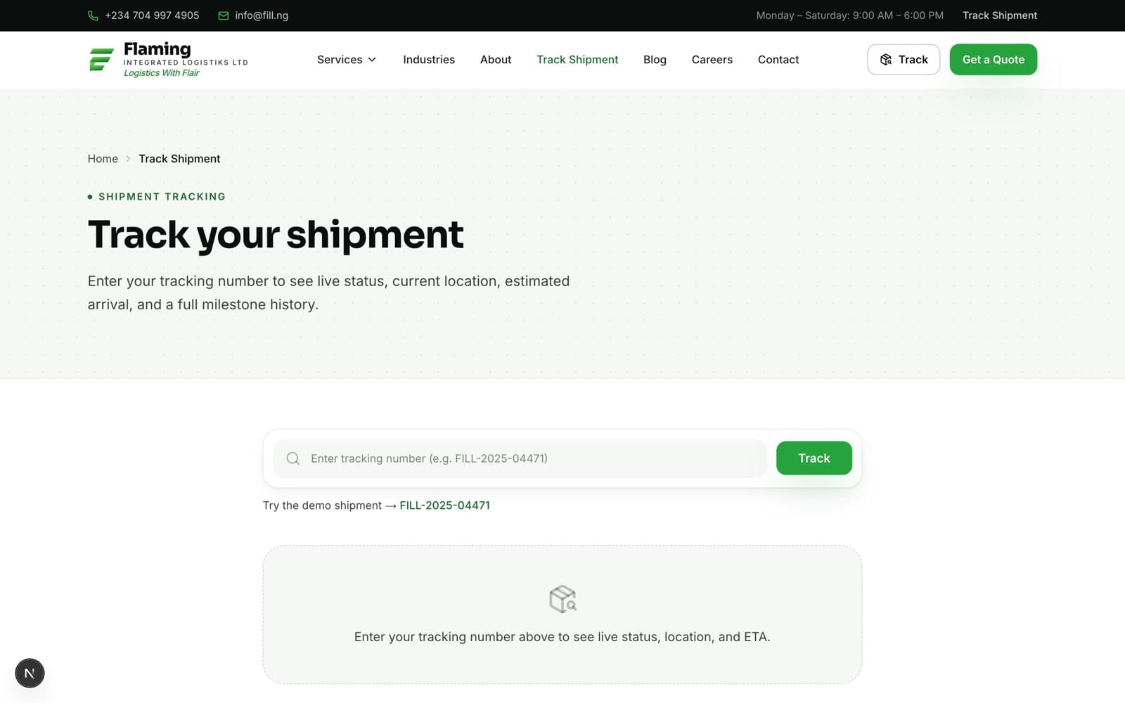 Flaming Integrated Logistiks live shipment tracking page where clients check cargo status