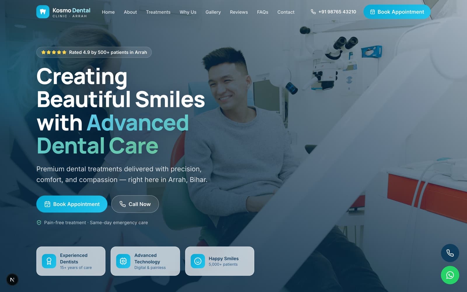 Kosmo Dental Clinic homepage with the headline 'Creating Beautiful Smiles with Advanced Dental Care' and a Book Appointment button