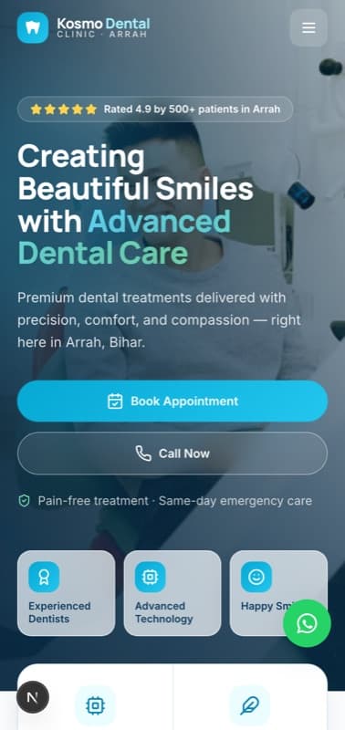 Kosmo Dental Clinic website on a mobile phone with tap-to-call and booking buttons
