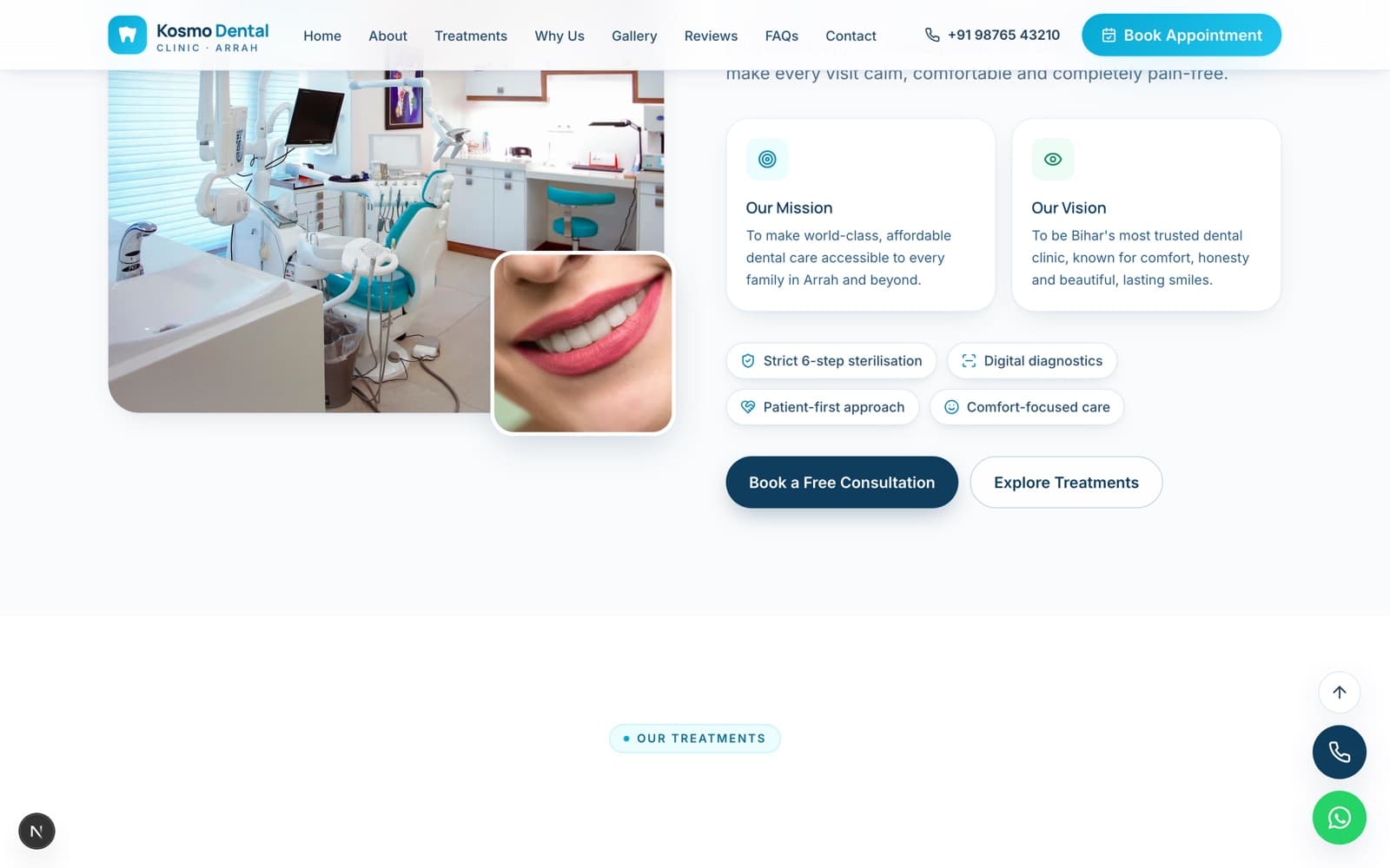 Kosmo Dental Clinic treatments section showing dental services offered by the clinic