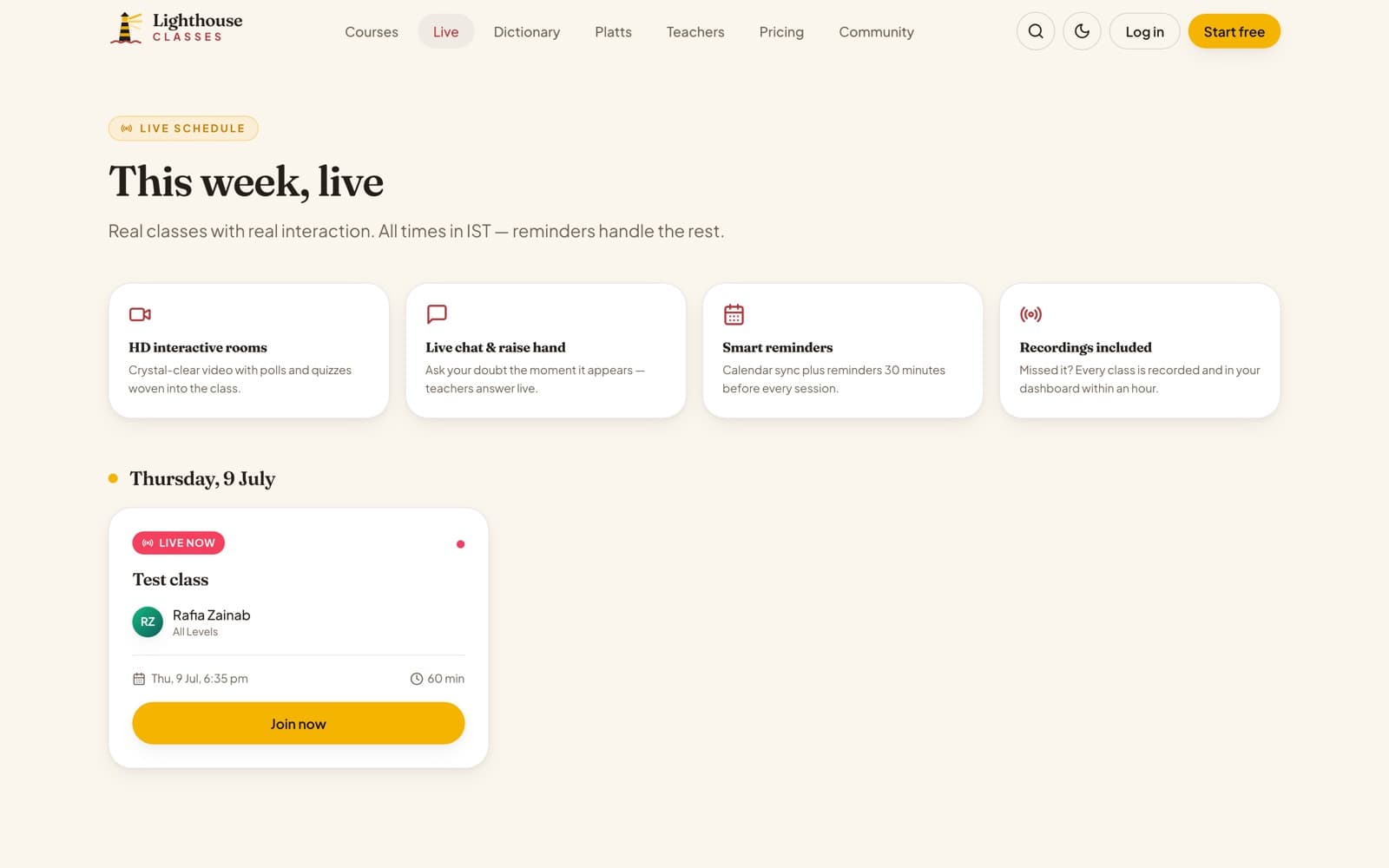 Lighthouse Classes live classes schedule page for online language sessions