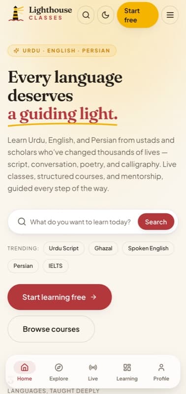 Lighthouse Classes language-learning platform on a mobile phone