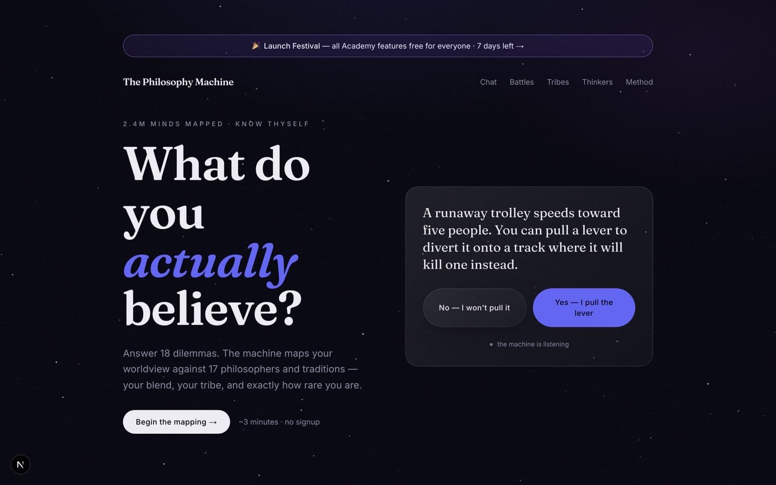 The Philosophy Machine homepage asking 'What do you actually believe?' with the trolley problem dilemma